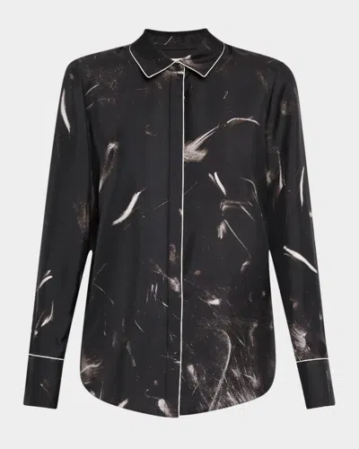 Lafayette 148 Scottie Piped Abstract-print Silk Blouse In Black Multi