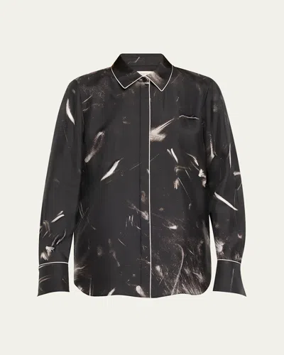 LAFAYETTE 148 SCOTTIE PIPED ABSTRACT-PRINT SILK BLOUSE