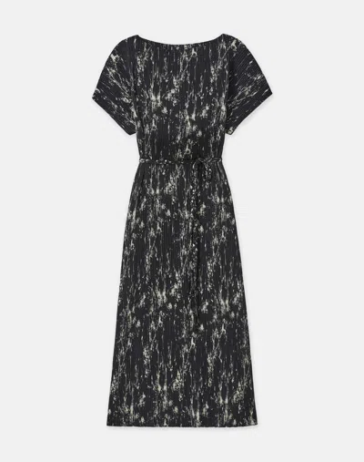 Lafayette 148 Shadow Print Recycled Satin Plissé Dolman Dress In Black Multi
