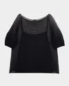 Lafayette 148 Silk Crepe Knit Pleated Short Sleeve Top In Black