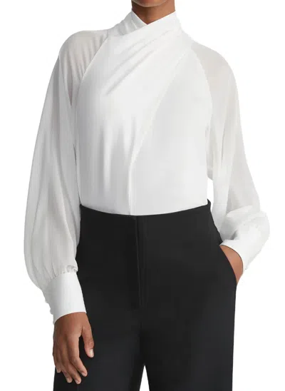 Lafayette 148 Sheer Sleeve Crossover Blouse In Cloud In Grey