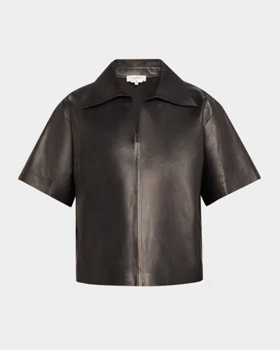 Lafayette 148 Short-sleeve Leather Blouse In Black