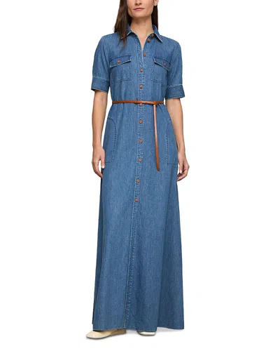 Lafayette 148 Chambray Cotton Short Sleeve Maxi Shirtdress In Blue