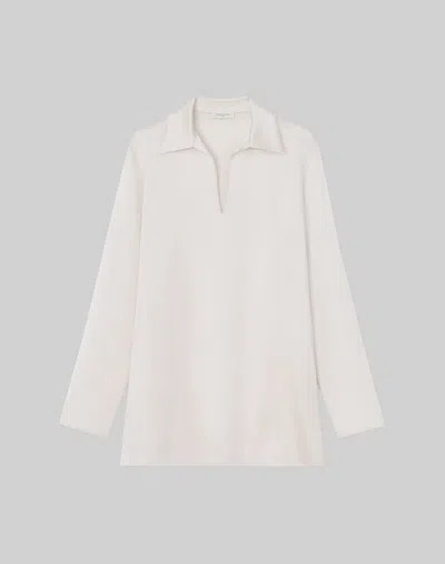 Lafayette 148 Silk Charmeuse Split Collar Popover Blouse In Pearl