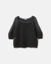Lafayette 148 Silk Crepe Knit Pleated Short Sleeve Top In Black