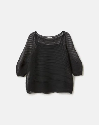 Lafayette 148 Silk Crepe Knit Pleated Short Sleeve Top In Black