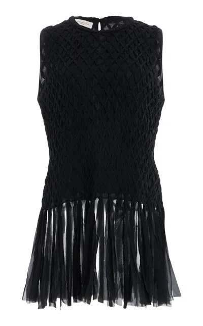 Lafayette 148 Silk Georgette Hand-smocked Lattice Fringed Blouse In Black