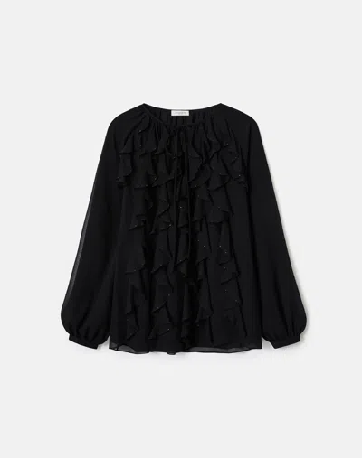 Lafayette 148 Silk Georgette Crystal Embellished Ruffle Blouse In Black