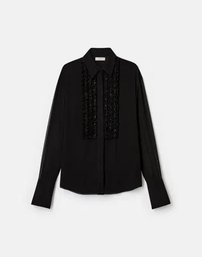 Lafayette 148 Silk Georgette Hand Beaded Ruffled Tuxedo Blouse In Black