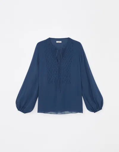 Lafayette 148 Silk Georgette Hand-smocked Lattice Blouse In Lido Blue