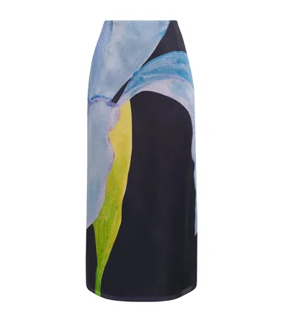 Lafayette 148 Silk Iris Print Midi Skirt In Black