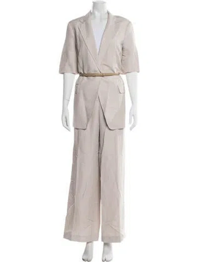 Pre-owned Lafayette 148 Silk Leather Trim Embellishment Pant Set W/ Tags In Neutrals