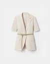 Lafayette 148 Silk Linen Belted Short Sleeve Fitted Jacket In Pearl