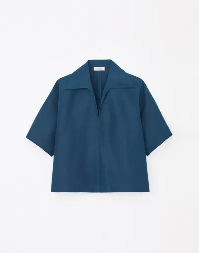 Lafayette 148 Silk-linen Popover Blouse In Lido Blue