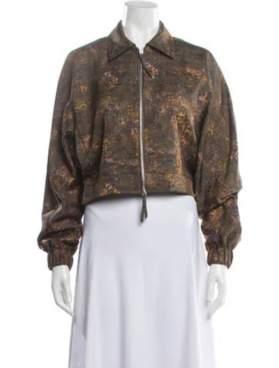 Pre-owned Lafayette 148 Silk Patterned Bomber Jacket In Brown
