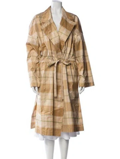 Pre-owned Lafayette 148 Silk Plaid Print Trench Coat In Brown