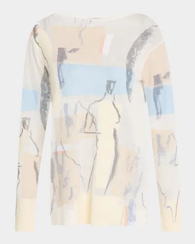 Lafayette 148 Sketch-print Intarsia Sweater In Paper Blue Multi