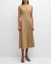 Lafayette 148 Sleeveless Fringe-trim Linen Midi Dress In Gravel