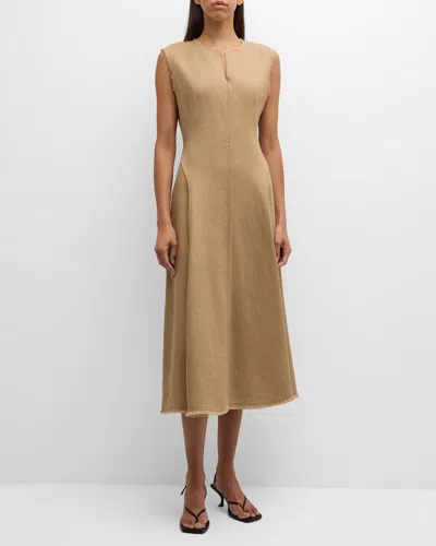 Lafayette 148 Sleeveless Fringe-trim Linen Midi Dress In Brown