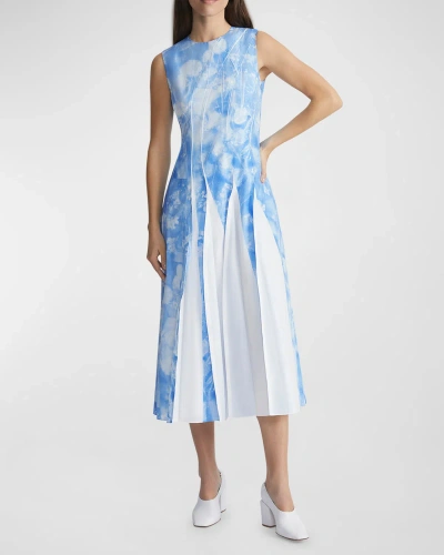 Lafayette 148 Sleeveless Pleated Floral-print Midi Dress In Sky Blue Multi