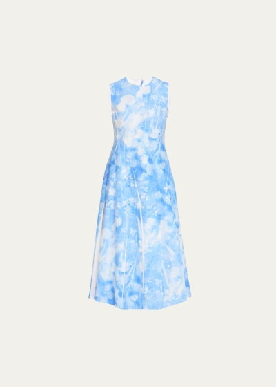 Lafayette 148 Sleeveless Pleated Floral-print Midi Dress In Sky Blue Multi