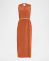 Lafayette 148 Sleeveless Stretch Silk Midi Dress With Leather Belt In Orange