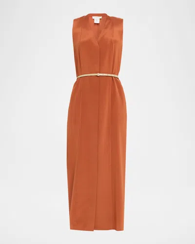 Lafayette 148 Sleeveless Stretch Silk Midi Dress With Leather Belt In Red