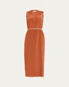 Lafayette 148 Sleeveless Stretch Silk Midi Dress With Leather Belt In Orange