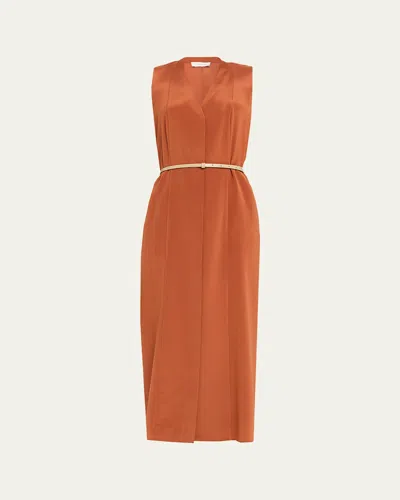 Lafayette 148 Sleeveless Stretch Silk Midi Dress With Leather Belt In Orange