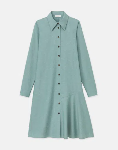 Lafayette 148 Slubbed Cotton Flounced Shirtdress In Lagoon Green Melange