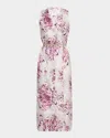 Lafayette 148 Printed Silk Twill V Neck Midi Sleeveless Dress In Purple