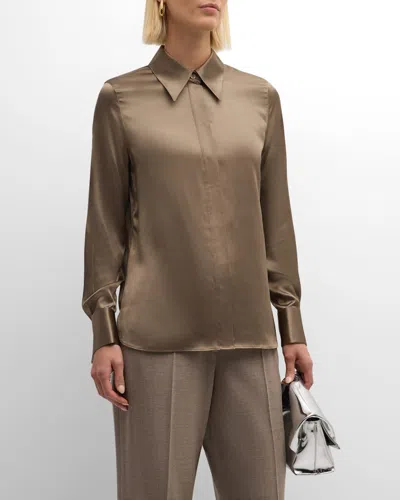 Lafayette 148 Spread-collar Silk Charmeuse Blouse In Concrete