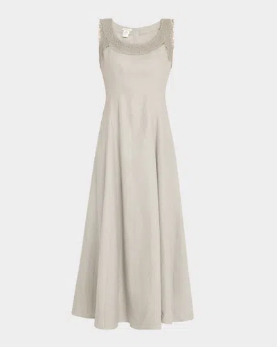 Lafayette 148 Square-neck Linen Dress With Knit Trim In Pencil Grey