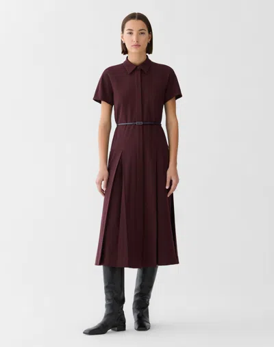 Lafayette 148 New York A-line Pleated Wool Blend Shirtdress With Leather Belt In Burgundy