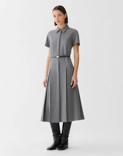 Lafayette 148 Stretch Wool Belted Pleated Shirt Dress In Gray
