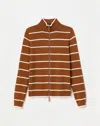 Lafayette 148 Stripe Cotton-silk Stand Collar Cardigan In Copper