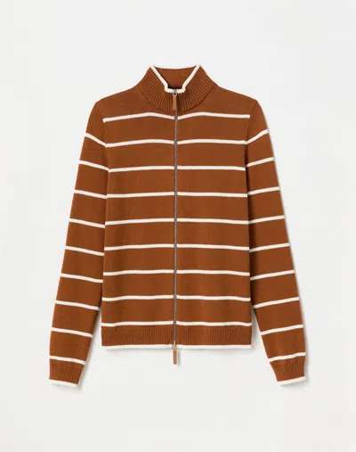 Lafayette 148 Stripe Cotton-silk Stand Collar Cardigan In Copper