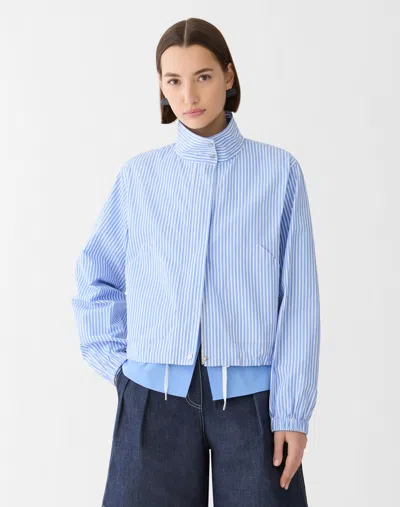 Lafayette 148 Stripe Cotton Zip Front Bomber Jacket In Blue