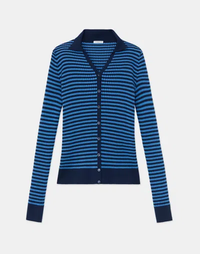 Lafayette 148 Stripe Matte Crepe Pointelle Collared Cardigan In Multi