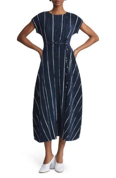 Lafayette 148 New York Stripe Plissé Recycled Polyester Satin Maxi Dress In Ink Multi