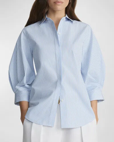 Lafayette 148 Striped Blouson-sleeve Cotton Shirt In Blue Oasis Multi