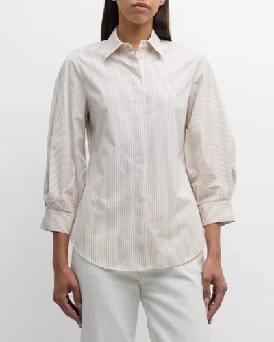 Lafayette 148 Striped Blouson-sleeve Cotton Shirt In Plaster Multi