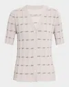 Lafayette 148 Cashmere Striped Fitted Short Sleeve Cardigan In Purple