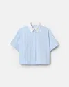 Lafayette 148 Striped Cotton Button Up Short Sleeve Shirt In Blue