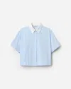 Lafayette 148 Striped Cotton Button Up Short Sleeve Shirt In Blue