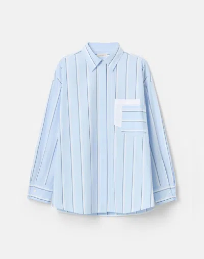 Lafayette 148 Striped Cotton Pocket Button Down Oversized Shirt In Oxford Blue Multi