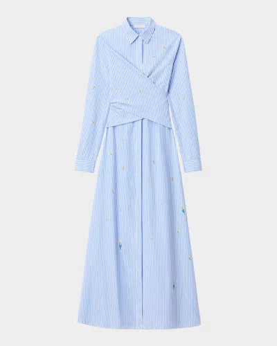 Lafayette 148 Striped Floral-embroidered Maxi Shirtdress In Blue