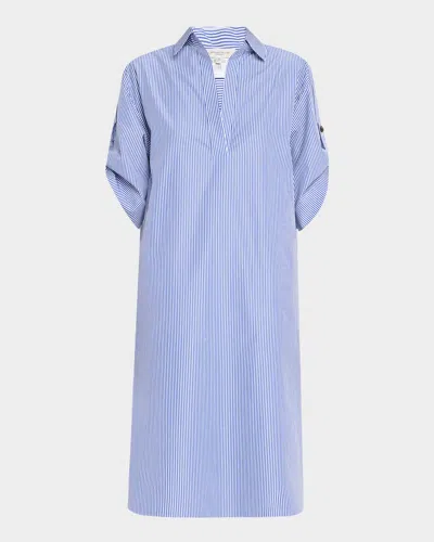 Lafayette 148 Striped Rolled-sleeve Linen Midi Shirtdress In Blue
