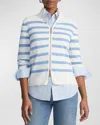 Lafayette 148 Striped Zip-front Cotton-silk Cardigan In Deep Blue Oasis Multi