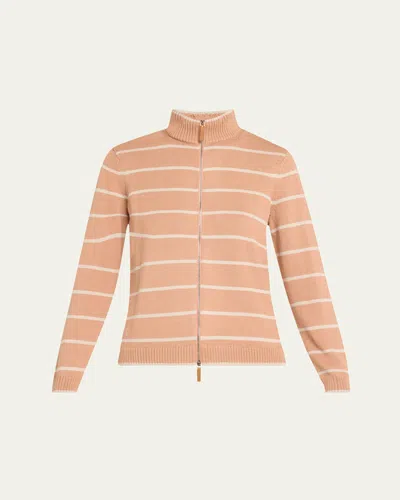Lafayette 148 New York Stripe Fitted Silk-blend Bomber Cardigan In Brown